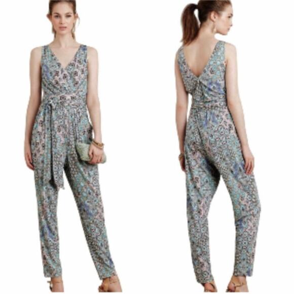 Anthropologie Elevenses Antilles Teal Paisley Surplice Jumpsuit Sz. Medium - Picture 1 of 15